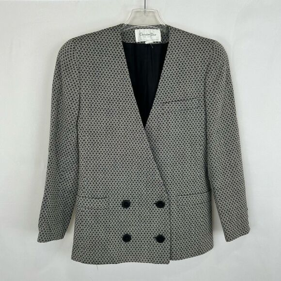 Vintage 80s 90s Christian Dior 100% Wool Monochrome Plaid Skirt Suit Set - Picture 4 of 10